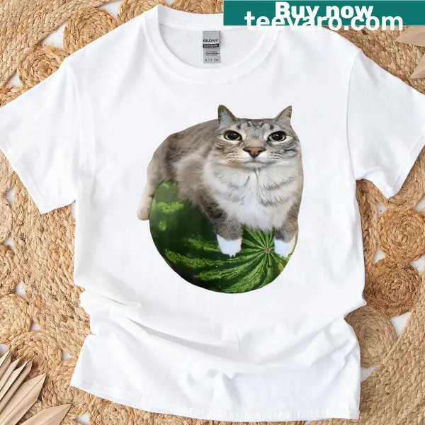 Cartoon watermelon cat design on a silly cat meme t-shirt