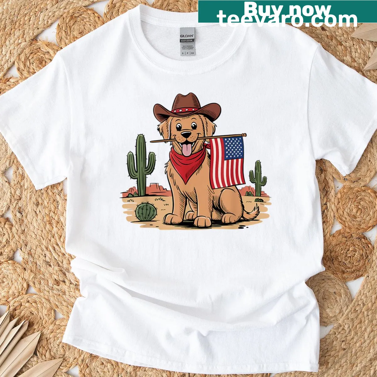 Vintage-style t-shirt featuring a Golden Retriever and American flag design — on a men's t-shirt