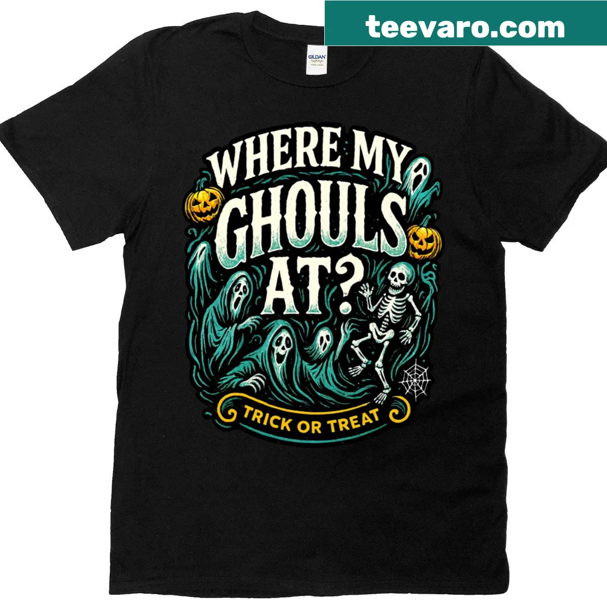Funny Halloween T-shirt with ghost and skeleton graphics — on a men's t-shirt