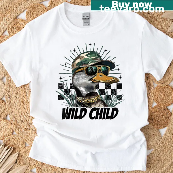 Playful hunting theme t-shirt featuring deer, fish, and ducks