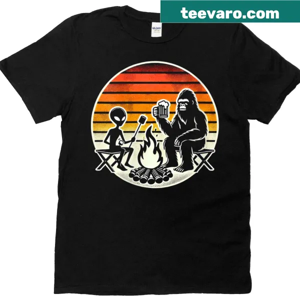 Playful camping shirt with Bigfoot and alien drinking beer