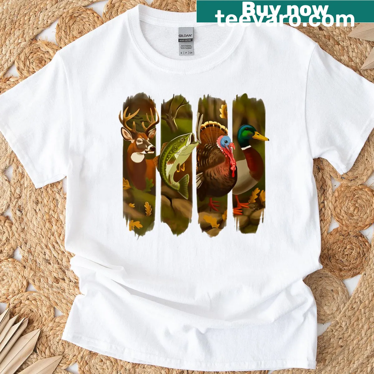 Hunting-themed women's T-shirt with outdoor imagery — on a men's t-shirt