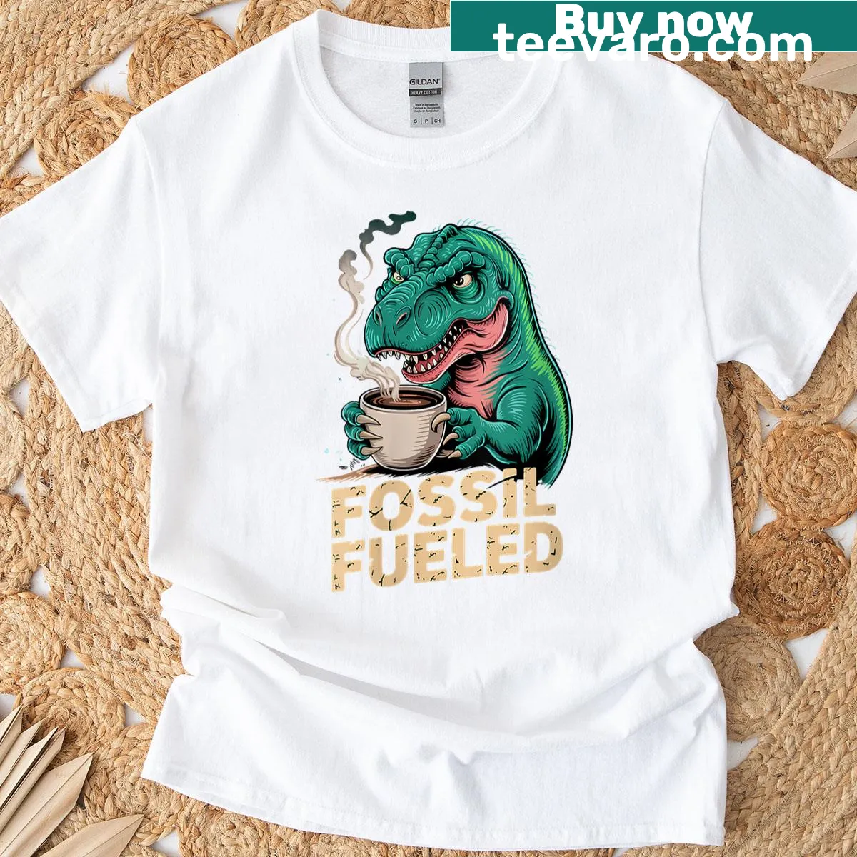 T-shirt featuring a T-rex drinking coffee with a humorous design — on a men's t-shirt