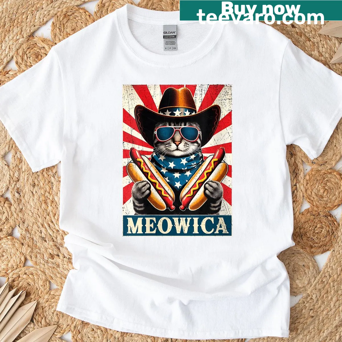 Funny 4th of July T-shirt with a cowboy cat and hotdog — on a men's t-shirt