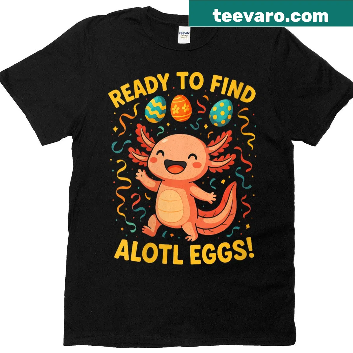 Cheerful T-shirt featuring axolotls and Easter egg hunting theme — on a men's t-shirt