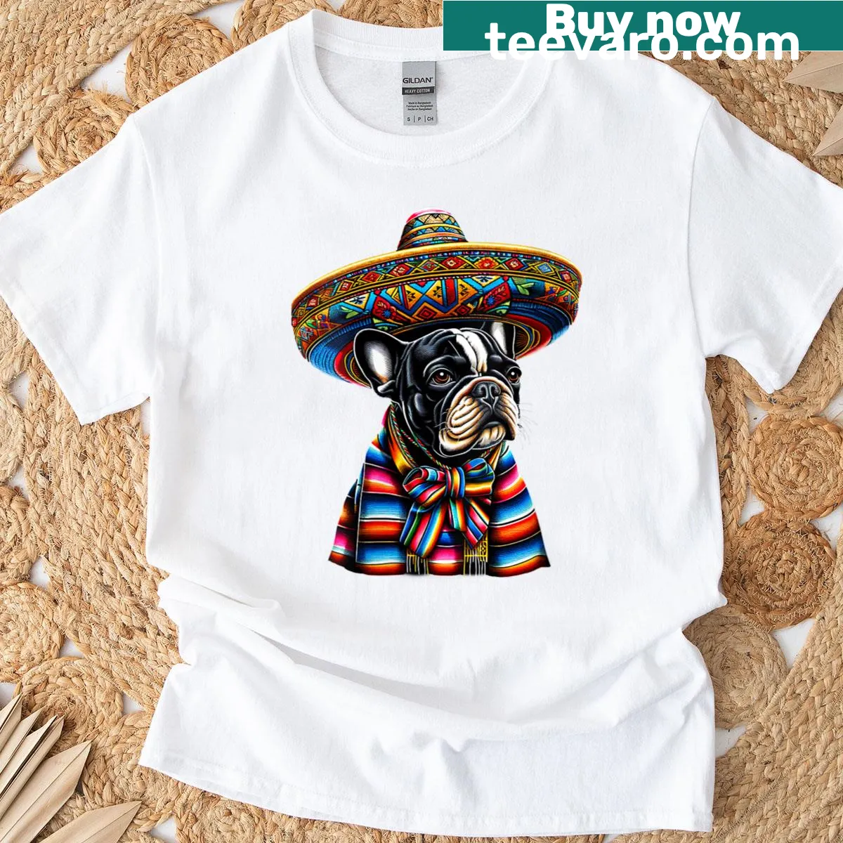 French Bulldog in sombrero with taco design for Cinco de Mayo — on a men's t-shirt
