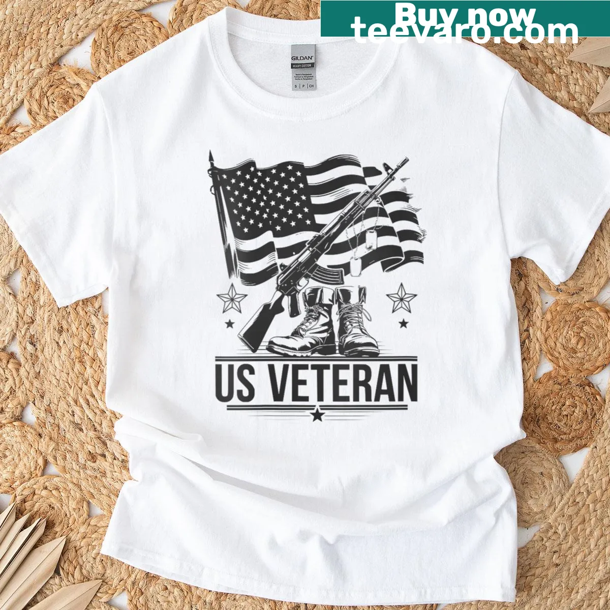 Patriotic veteran t-shirt with American flag and military symbols — on a men's t-shirt