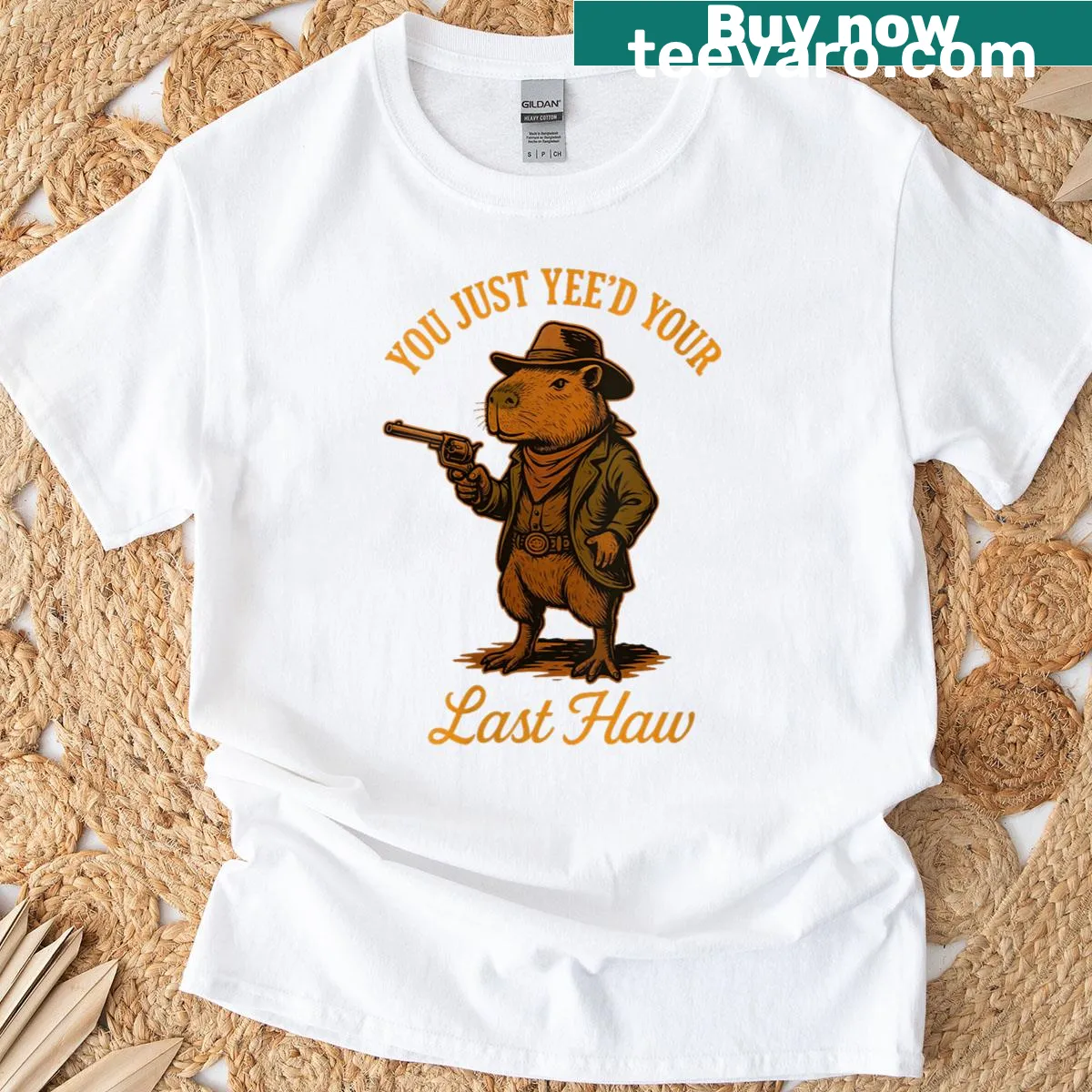 Funny t-shirt featuring a capybara and humorous outlaw saying — on a men's t-shirt