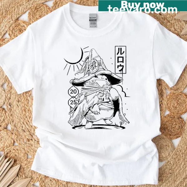 Cartoon monster hunter graphic on T-shirt