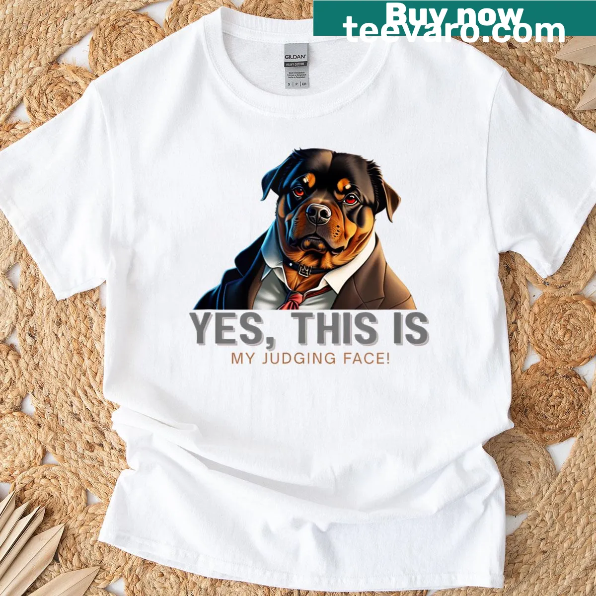 Rottweiler dog art t-shirt with funny judging face phrase — on a men's t-shirt