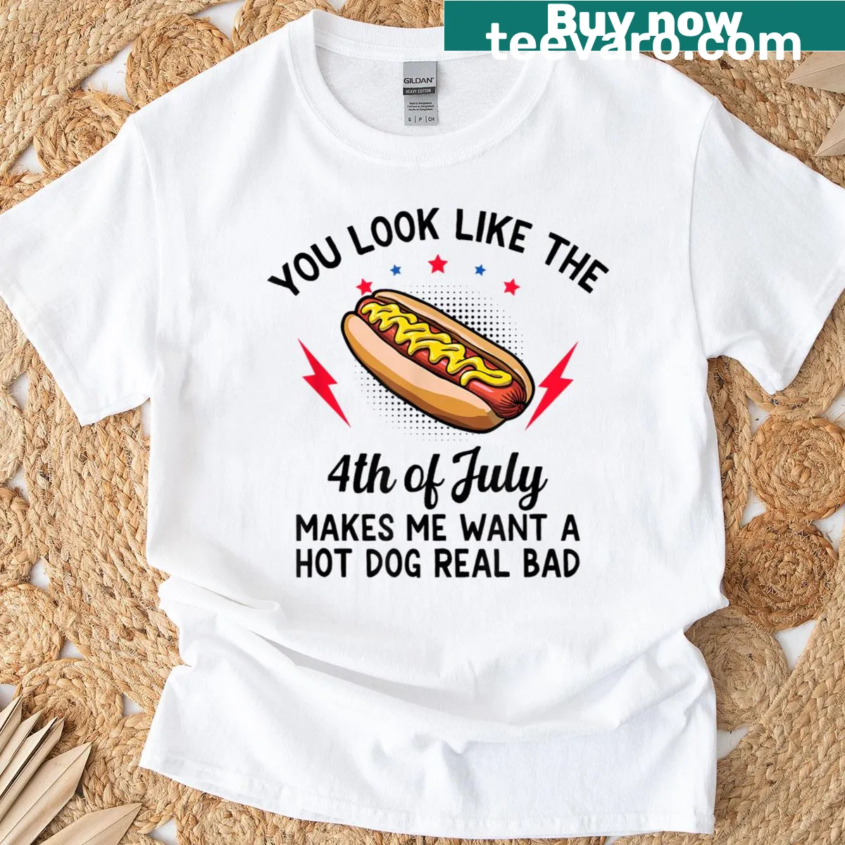 Funny t-shirt featuring hot dogs for 4th of July humor. — on a men's t-shirt