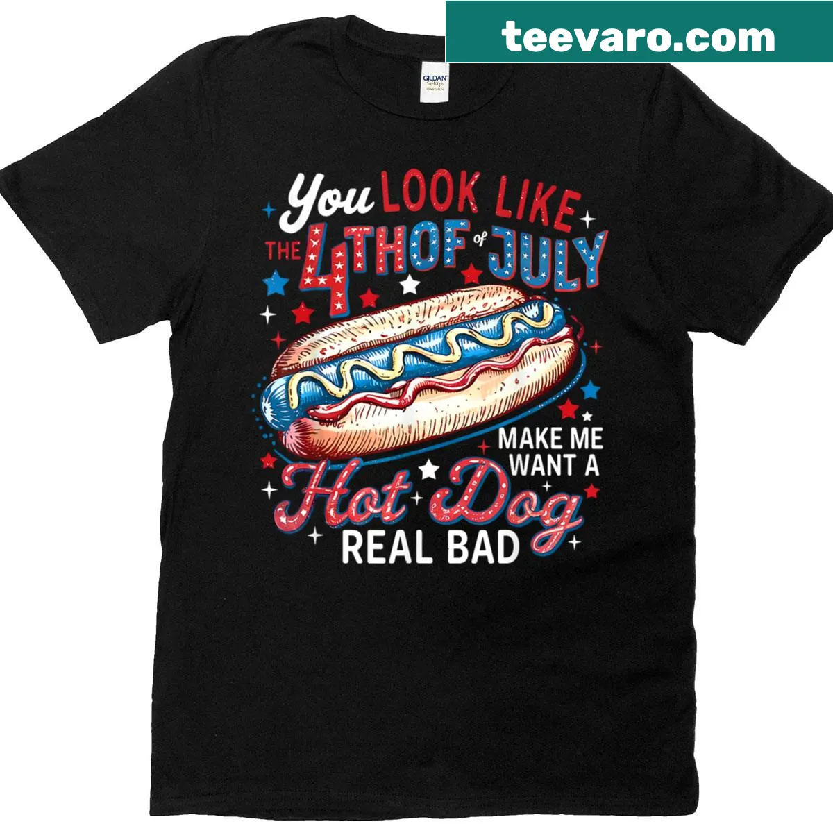Funny patriotic T-shirt with 4th of July hot dog design — on a men's t-shirt