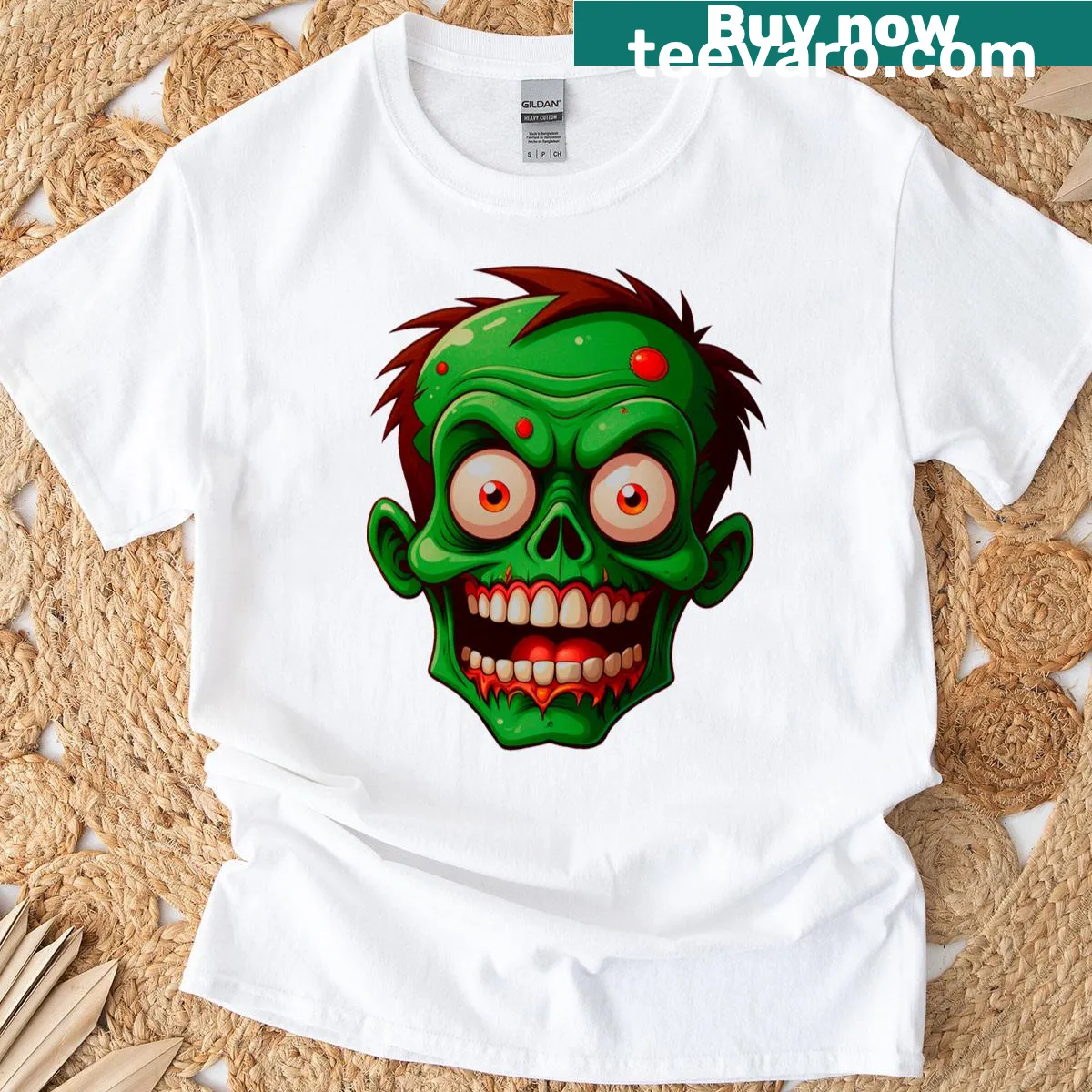 T-shirt featuring a detailed illustration of a zombie head — on a men's t-shirt