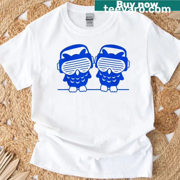 Cartoon owls with headphones and disco-themed design