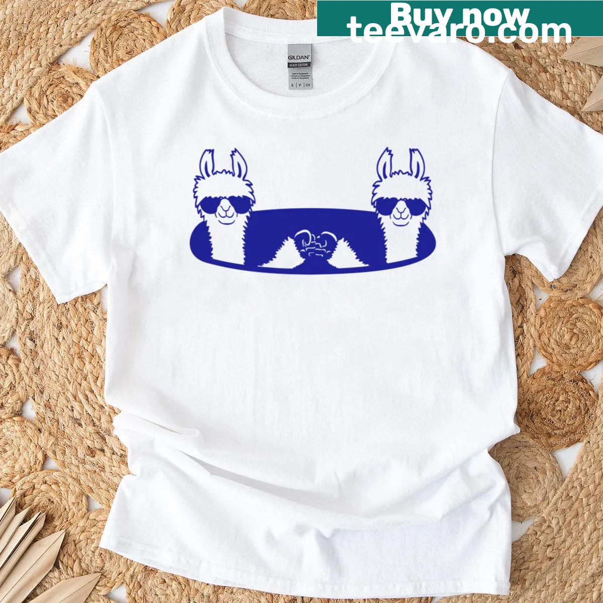 Funny cartoon llamas with sunglasses and fists pumping — on a men's t-shirt