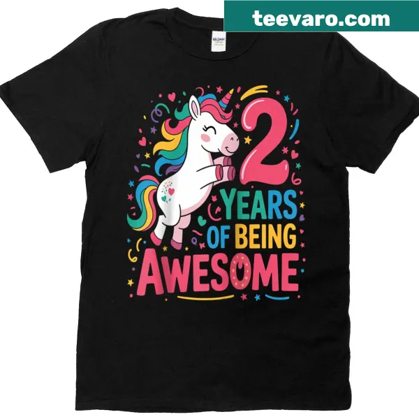 Unicorn-themed birthday tee for girls turning two with playful text