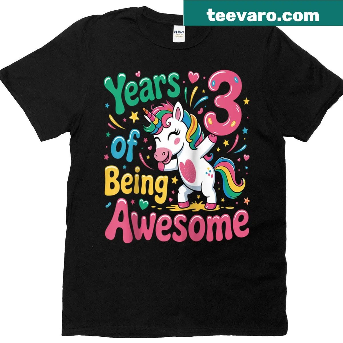 Raglan tee with a unicorn design for a three-year-old's birthday. — on a men's t-shirt