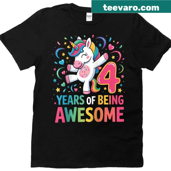 Illustrated unicorn with the number 4 for a girl's fourth birthday.