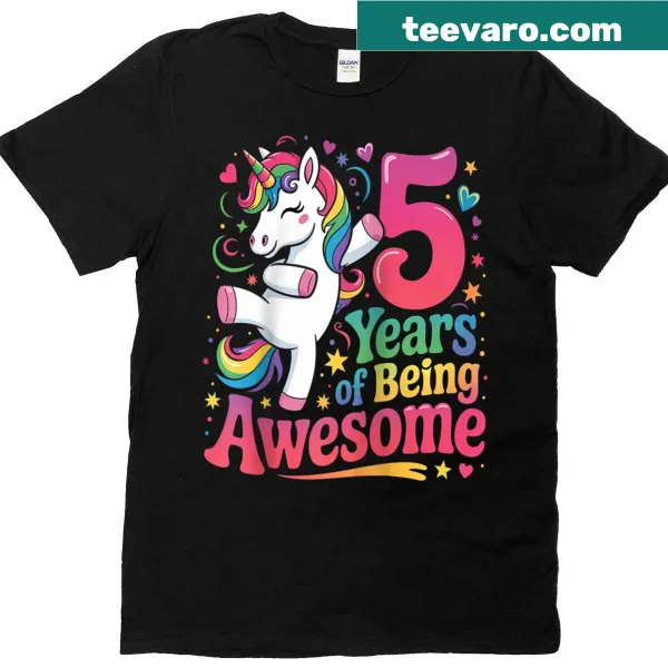 Unicorn birthday tee for girls turning five with playful text