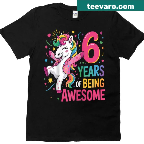 Unicorn birthday tee for girls turning six with playful text