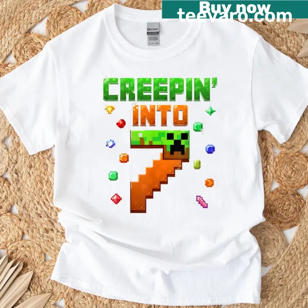 Pixelated gamer graphic celebrating 7th birthday on t-shirt