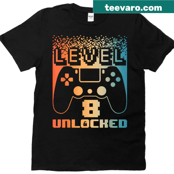 T-shirt featuring Level 8 Unlocked design for an 8th birthday