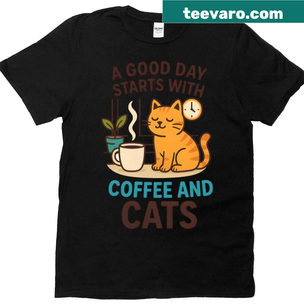 Cozy morning graphic T-shirt with coffee and cats design — on a men's t-shirt