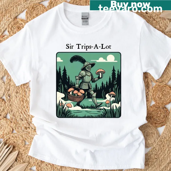 Whimsical knight illustration among mushrooms on T-shirt