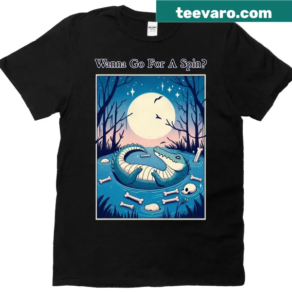 Cartoon crocodile spinning in a playful design on oversized T-shirt