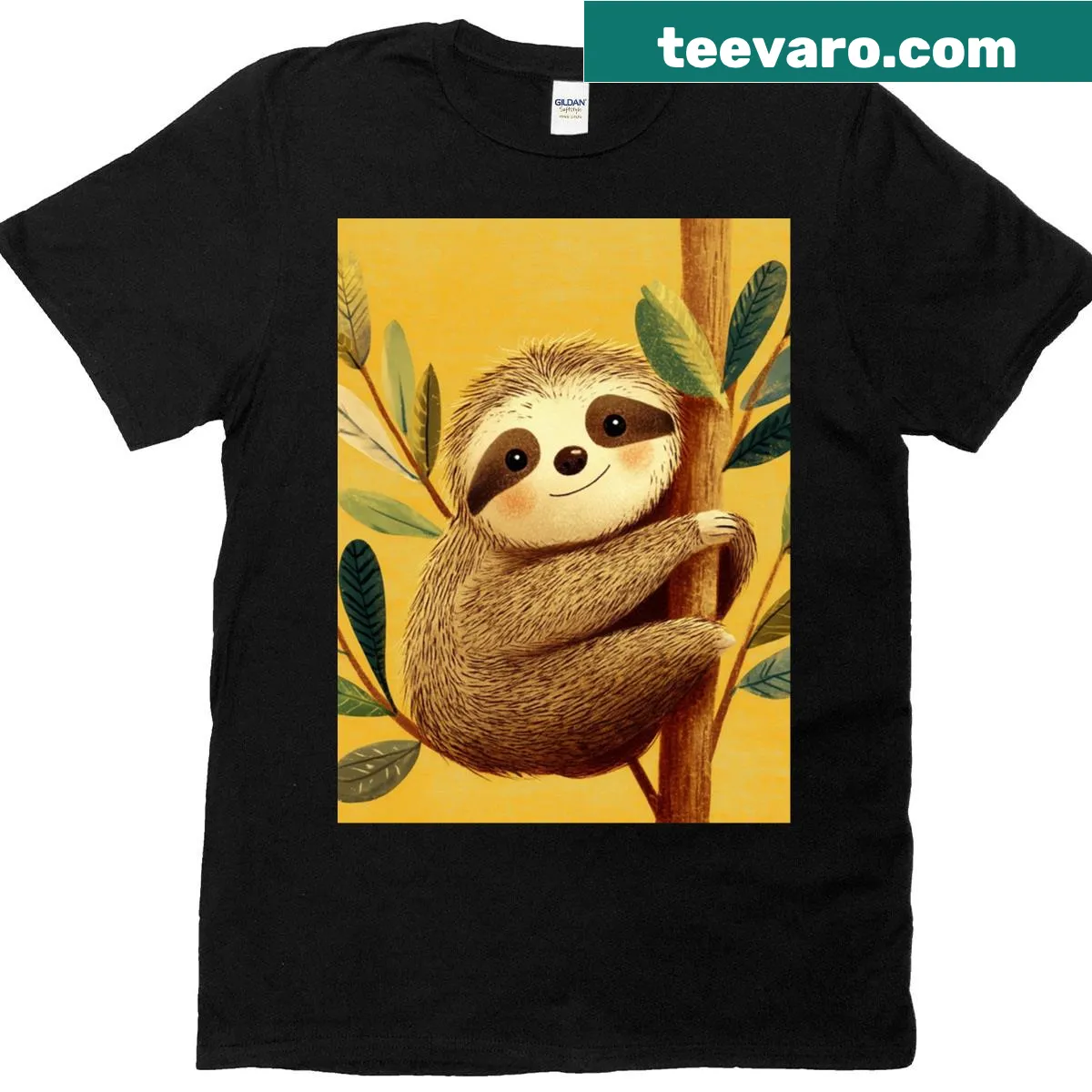 Cute graphic of a baby sloth hanging from a branch on a T-shirt — on a men's t-shirt