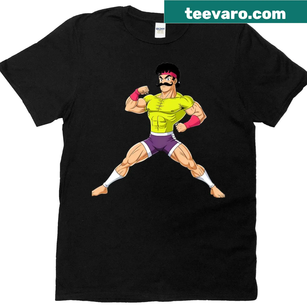 Anime-style fitness character design T-shirt inspired by the 1980s — on a men's t-shirt