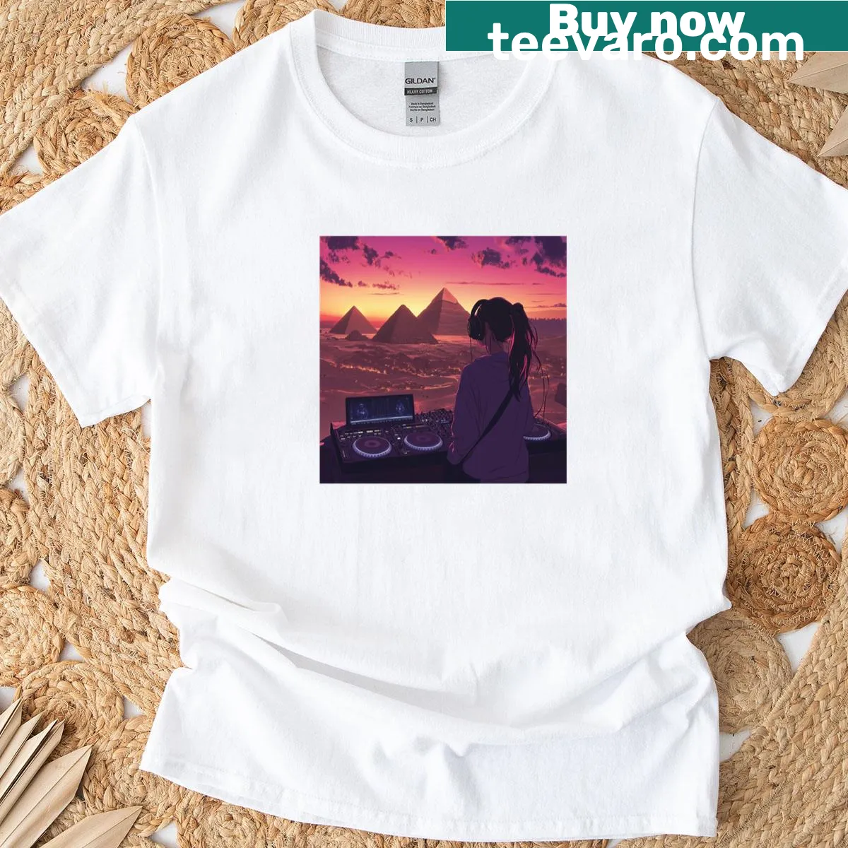 Anime girl DJ overlooking pyramids in a fantasy setting — on a men's t-shirt