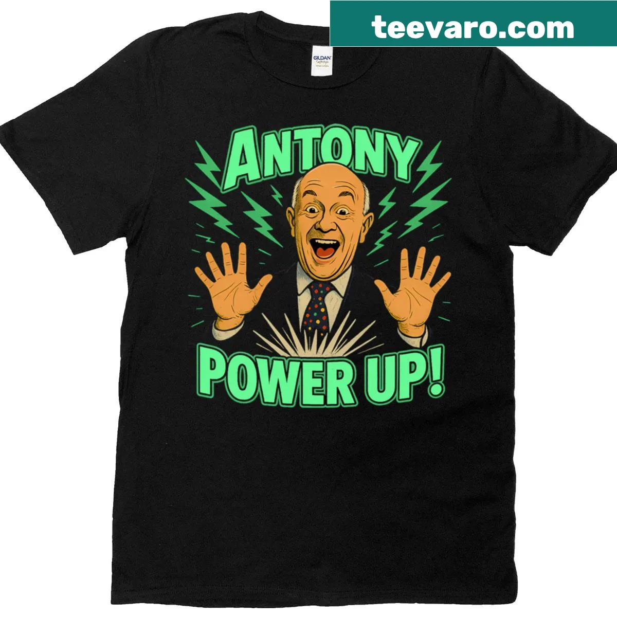 Inspirational Power Up typography design on T-shirt — on a men's t-shirt