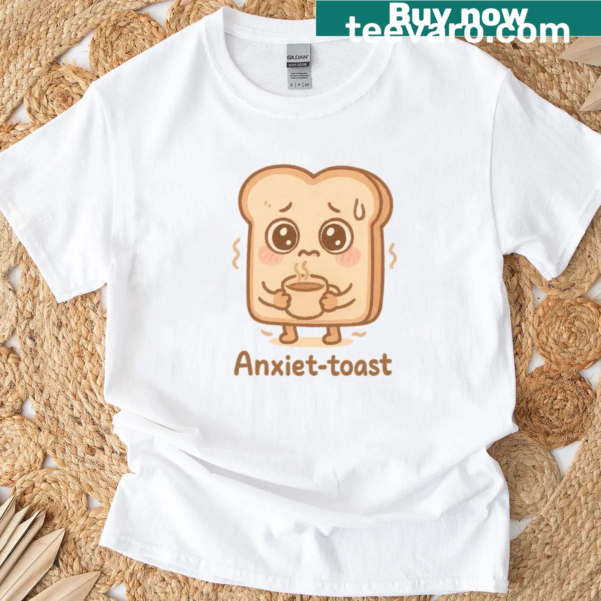 Kawaii nervous toast character design on a t-shirt, adding humor to casual wear — on a men's t-shirt