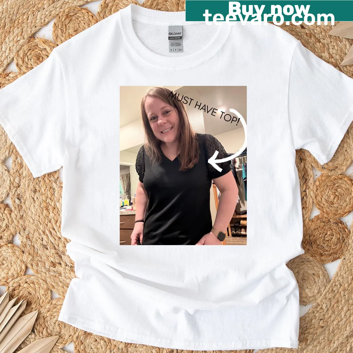 Loose casual t-shirt with Swiss dot puff sleeves for women — on a men's t-shirt