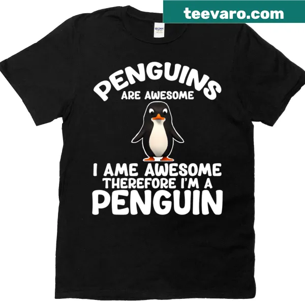 Cartoon penguin graphic with text 'I Am A Penguin' on t-shirt