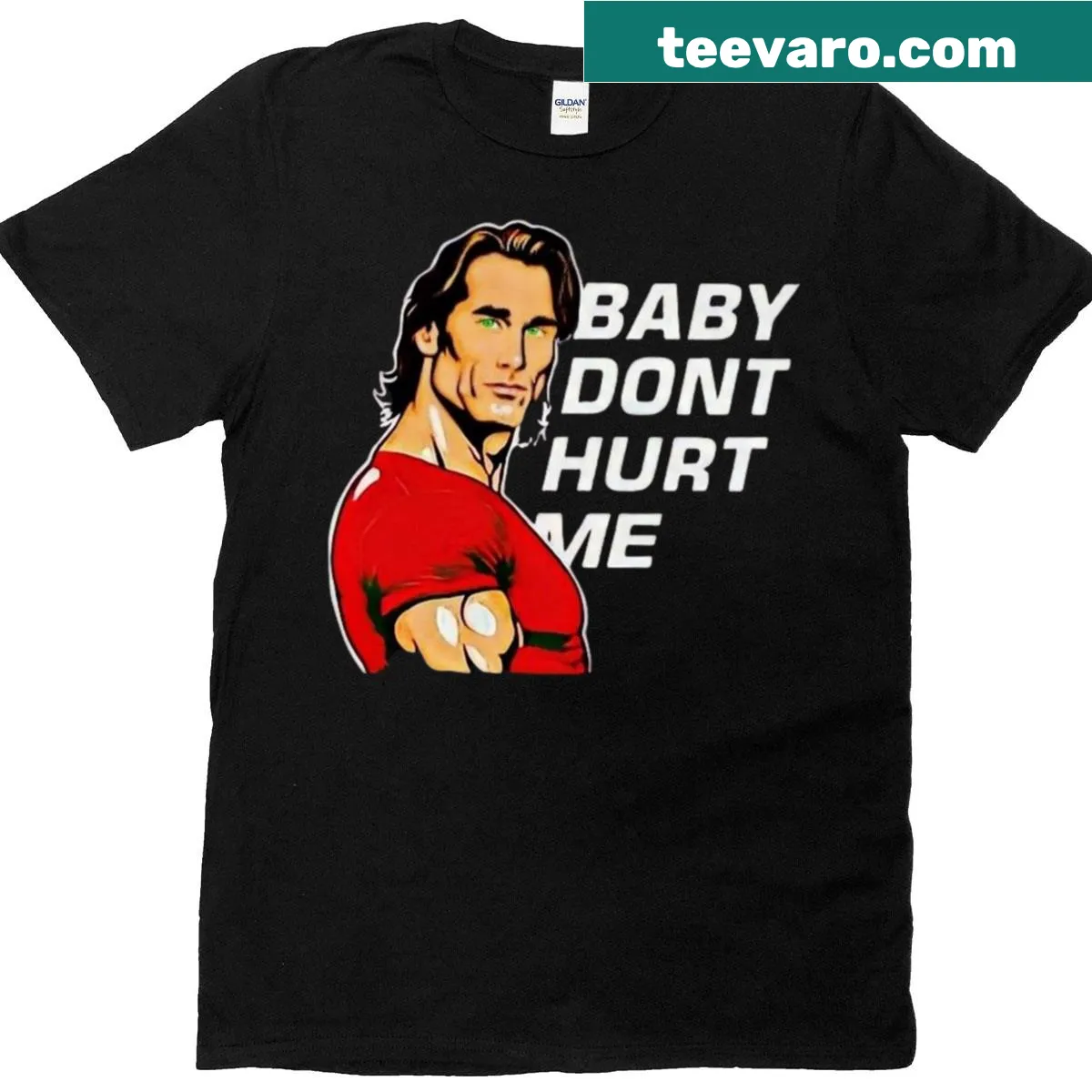 Retro cartoon muscle guy with the phrase 'Baby Don't Hurt Me' — on a men's t-shirt