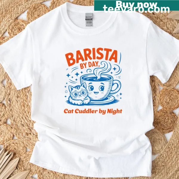 Retro T-shirt with graphic of coffee and cat for baristas and cat lovers