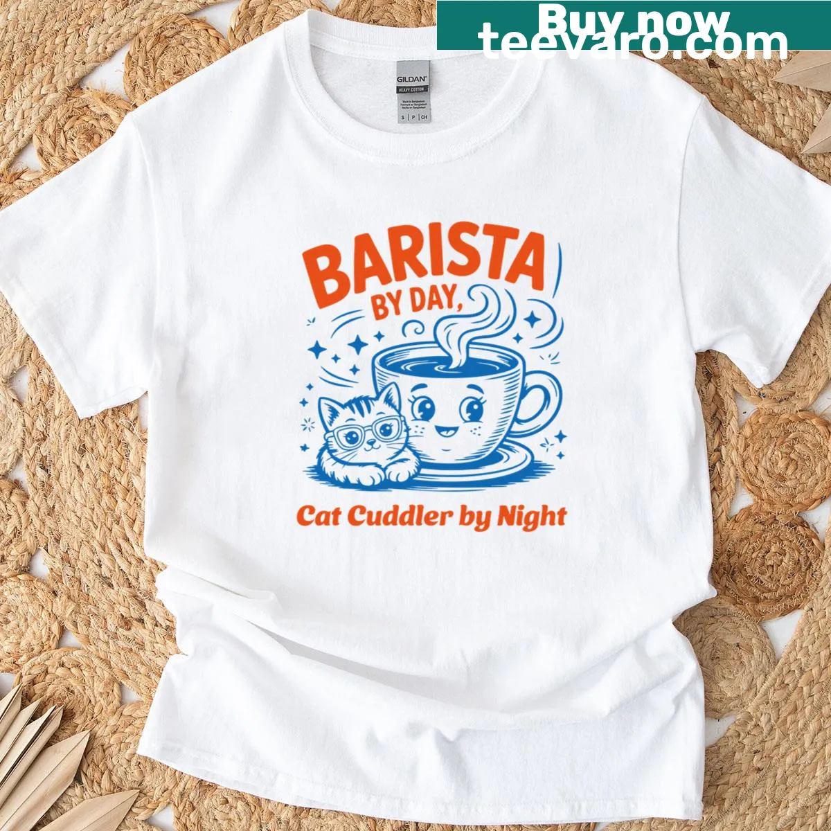 Retro T-shirt with graphic of coffee and cat for baristas and cat lovers — on a men's t-shirt