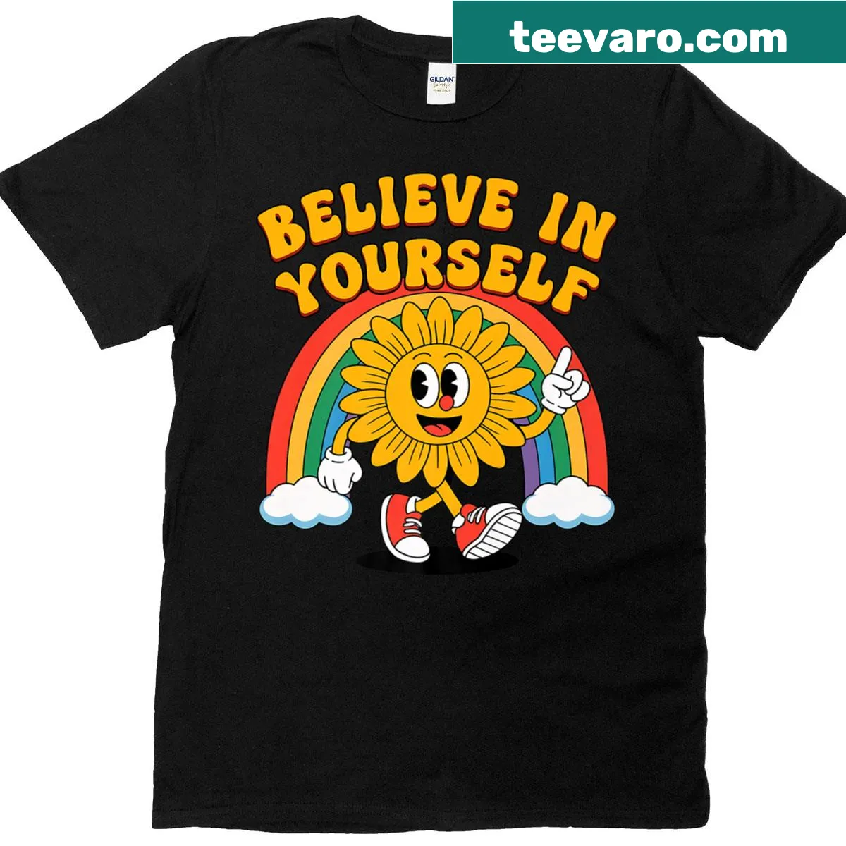 Motivational t-shirt with a cartoon sunflower and text — on a men's t-shirt