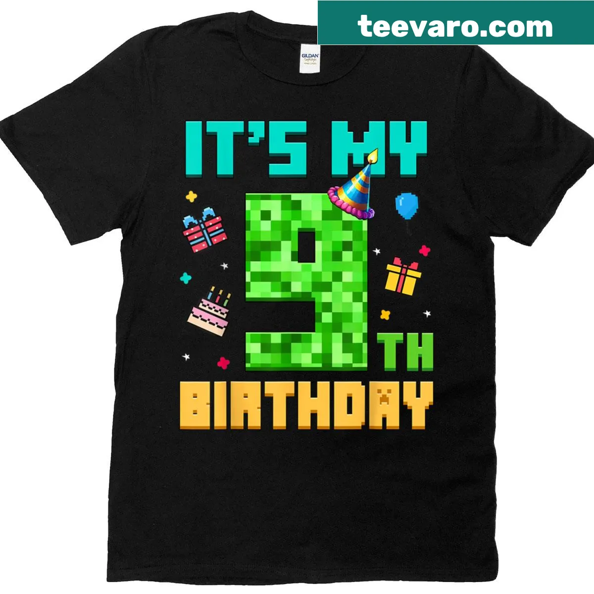 Pixel number T-shirt for kids celebrating 9th birthday — on a men's t-shirt