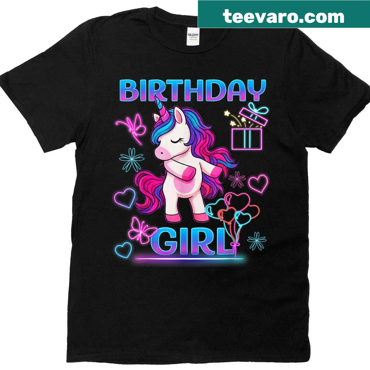 Magical birthday girl t-shirt with neon unicorn graphic — on a men's t-shirt