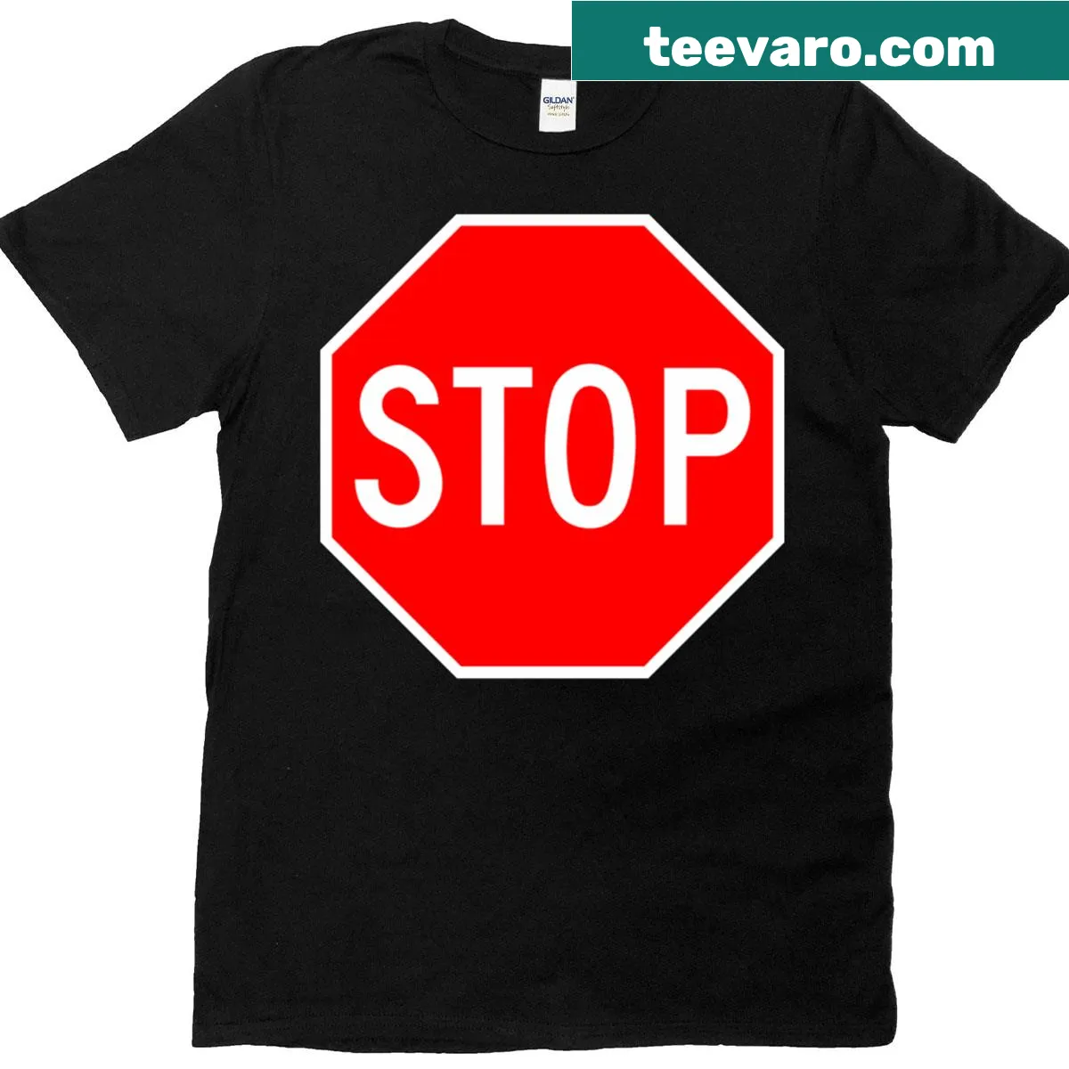 Oversized T-shirt with a bold 'Stop' street sign graphic — on a men's t-shirt