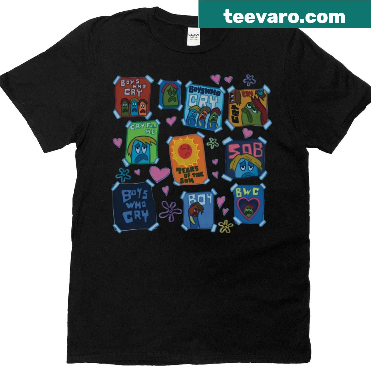 Text graphic stating 'Boys Who Cry' on a music-themed T-shirt — on a men's t-shirt