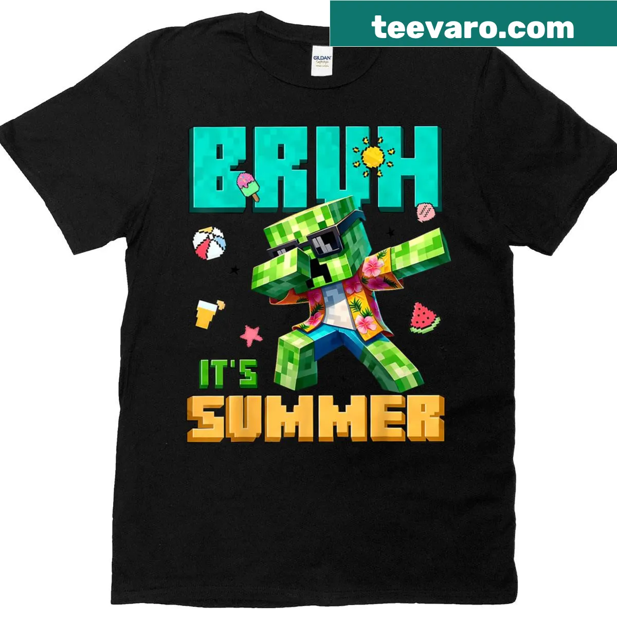 Summer birthday T-shirt with dabbing gamer character graphic — on a men's t-shirt