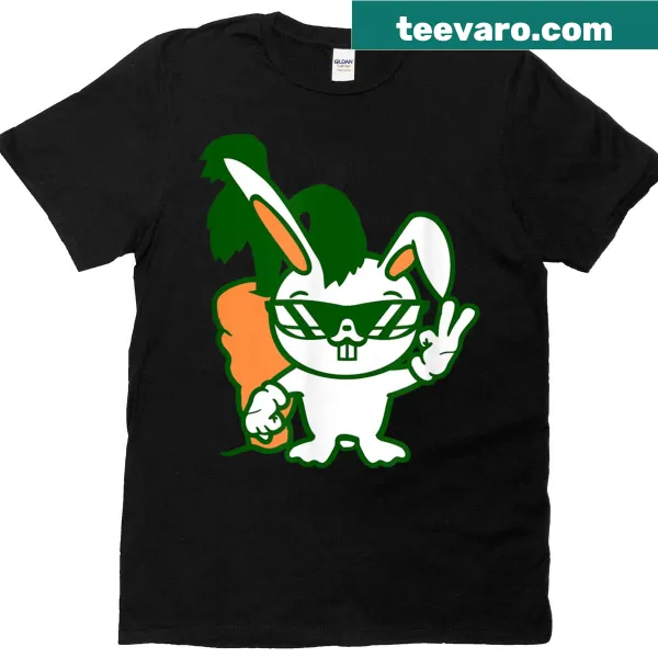 Cartoon bunny with sunglasses and giant carrot on T-shirt