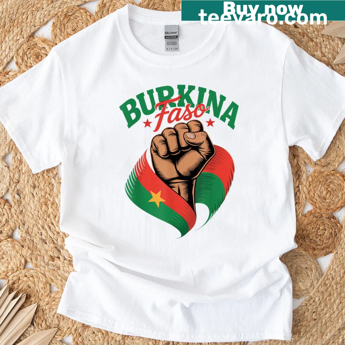 Graphic of Burkina Faso flag with hand fist symbolizing pride — on a men's t-shirt