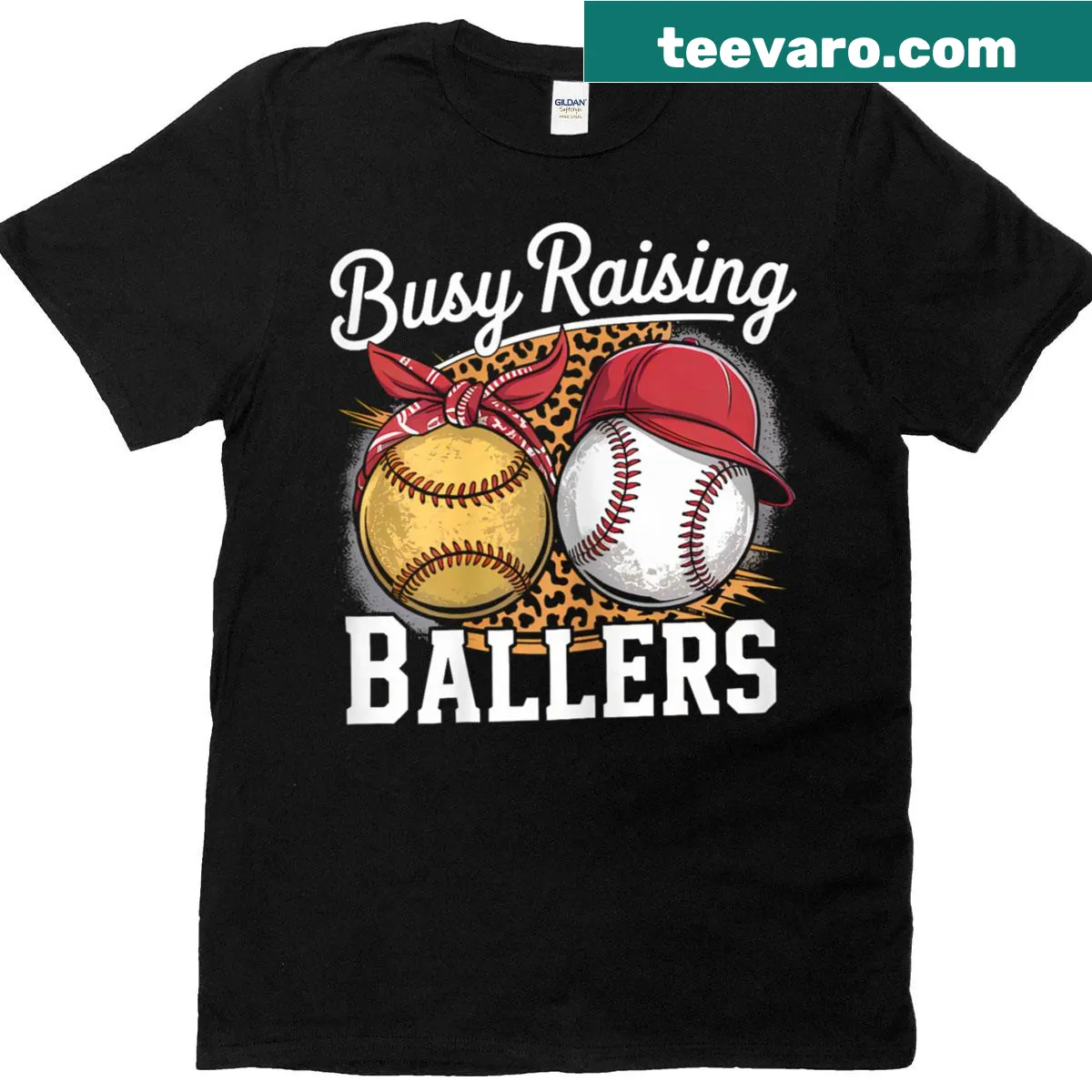 Leopard print T-shirt saying 'Busy Raising Ballers' for moms — on a men's t-shirt