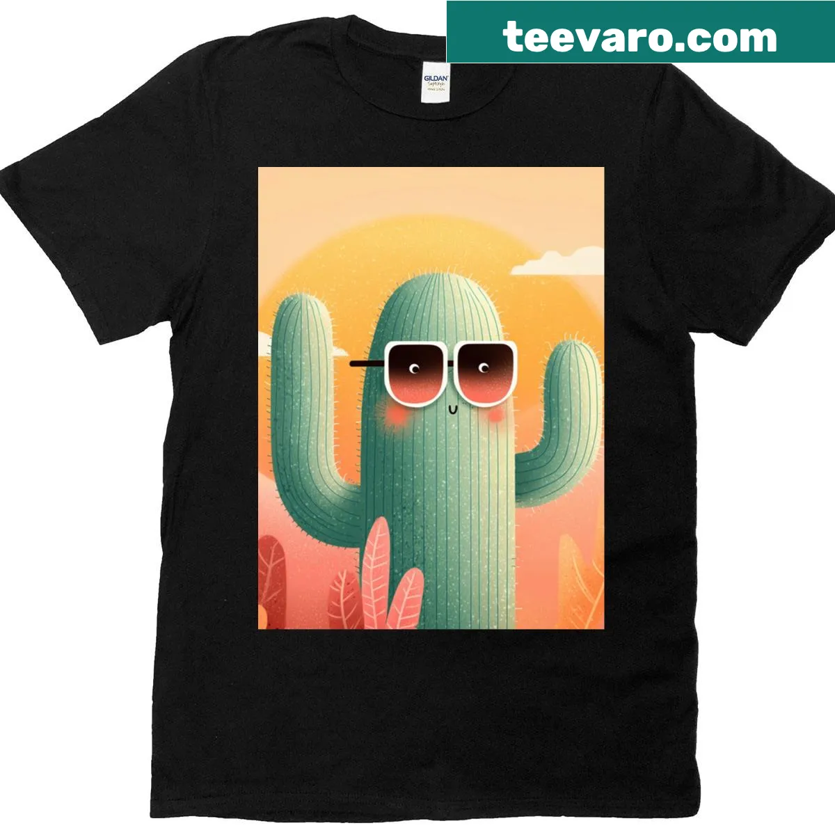 Graphic t-shirt of a cactus wearing sunglasses — on a men's t-shirt