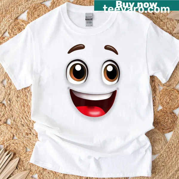 Cartoon face t-shirt featuring a playful character with brown eyes.